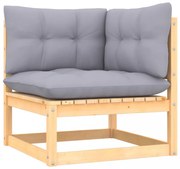 tömör fenyőfa kerti sarokkanapé szürke párnákkal