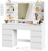 KAILYN LED Fésülködő asztal, tükörrel ellátott sminkasztal, 9 fiókkal, felhőfehér színben