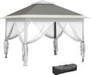 Outsunny Felszerelhető Kerti Pavilon 3.3x3.3 m Magasságállító 3 Szinten Szúnyoghálóval, Oldalfalakkal és Táskával, Kültéri Pavilon Kéttetős Fém Tetőve