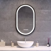 Ovális LED tükör fekete kerettel 50x80cm | Páramentesítő - Óra - Fényerő és színhőmérséklet szabályozás | Welland Type-3T