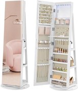 SONGMICS ékszerszekrény, tükrös szekrény 360°-ban forgatható,  fehér felülettel és greige