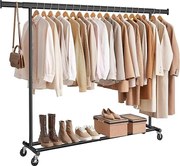 Ruhatartó állvány kerekekkel, nagy teherbírású gurulós gardróbállvány, max. 150 kg terhelhetőség, fekete