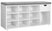 Cipőpad, cipőpolc, pad fiókkal és nyitott rekeszekkel, fehér, 103x30x48 cm