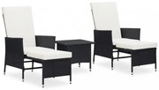 3 részes fekete polyrattan kerti bútorszett párnákkal
