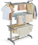 Összecsukható 4 szintes ruhaszárító állvány, mozgatható, 64 x 126 x 172 cm, rozsdamentes acél, lehajtható szárnyakkal, szürke