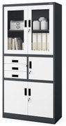 Fém iratszekrény széffel, vitrinnel és fiókokkal FILIP, 900 x 1850 x 400 mm, antracit-fehér