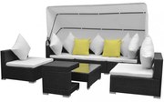 7 darabos fekete polyrattan kerti bútorszett napellenzővel