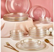 18 darabos étkészlet, átlátszó üveg arany díszítéssel