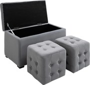 HOMCOM 3 részes tárolószett, 2 x puff, kárpitozott pad, lábtartó, tárolódoboz, max. 130 kg, mikroszálas anyag, hab, 75 x 40 x 42 cm, világosszürke | A