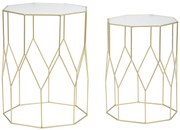 hatszögletű fém kisasztal készlet geometrikus vázzal és üveglappal – 2 db – arany színű