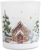 Karácsonyi üveg mécsestartó 10x9 cm - erdei ház havas