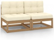 2 db tömör fenyőfa kerti középső kanapé krémszínű párnákkal