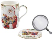 Karácsonyi Télapós porcelán teás bögre tetővel és szűrővel Santa is coming