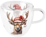 Karácsonyi rénszarvas duplafalú borosilicate üveg csésze Deer with Santa hat