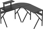 HOMCOM L-alakú Játékasztal Sarok Gamer Asztal 125 x 125 cm Szénszálas Asztallappal, Képernyő Állvánnyal, Pohártartóval és Fülhallgató Akasztóval, Feke