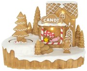 Karácsonyi dioráma mézeskalács cukorkabolt mozgó fenyővel LED-es