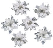 Karácsonyi dekoráció Poinsettiaszilvesztervirággal, ezüst, 6 darabos szett