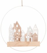 Házak kör alakban függő LED dekoráció fehér, 28 cm átmérő