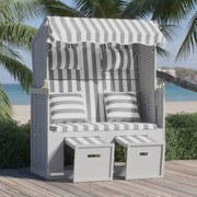 vidaXL szürke-fehér polyrattan és tömör fa strandszék párnákkal