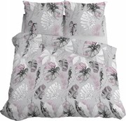 Ágyneműhuzat 160x200 Szatén Mikroszálas Virágok Levelek Szürke Rózsaszín