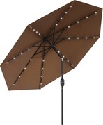 Outsunny Teraszi Napernyő Ø265 cm 32 Solar LED Fénnyel Acél Lábbal és Kézi Dőléssel Teraszra / Kertbe, Barna | Aosom