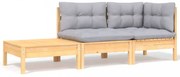3 részes tömör fenyőfa kerti ülőgarnitúra szürke párnákkal