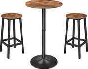 Rusztikus bárasztal szett: kerek bárasztal 2 db ipari stílusú kerek bárszékkel