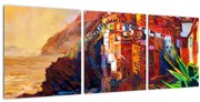 Kép - Falu Cinque Terre partján, az olasz riviérán, modern impresszionizmus (órával) (90x30 cm)