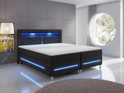 Boxspring franciaágy LED világítással 180x200 GALWAY - fekete ökobőr + INGYENES topper