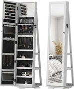 HOMCOM Álló Ékszertükrös Ékszertartó 360°-ban Forgó Ékszerláda Zárral, Hátoldali Polcokkal és Beépített Kis Tükrökkel 38x38x160 cm Fehér Mottós | Aoso