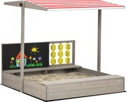 Outsunny Fa Homokozó Gyerekeknek 3-7 Éveseknek Állítható Nem Szőtt Anyagú Tetővel, 2 Személyes Pad, Krétatábla és Játékok a Teraszra, Kertbe 114x113x1