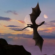 Illusztráció Illustration of single horned dragon soaring, BWFolsom