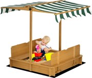 Outsunny Gyermek Fa Homokozó Állítható Napernyővel, 2 Pad és Leválasztható Háttámlákkal Kertre 106x106x115 cm Természetes Fa Zöld és Fehér Csíkokkal |