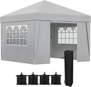 Outsunny Összecsukható Kerti Napernyő Pavilon UV-30+ Védőszereppel 3 x 3 m Ablakos Oldalfalakkal, Hordtáskával, Zsákokkal, Szürke | Aosom
