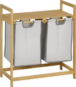 HOMCOM Bambusz Mosókosár Kétrekeszes Ruháskosár 2 Visszavehető Táskával és Polccal 20kg Terhelhetőség 2x40,6L Fürdőszobába és Hálószobába 64x33x73 cm