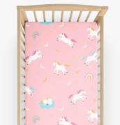 Goldea gyermek gumis pamut lepedő kiságyba - vidám egyszarvúak 60 x 120 cm