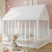 Egyszemélyes ágy Gyerekágy Faház Függöny 140X200CM fehér