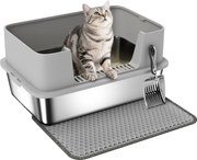 PawHut rozsdamentes acél nyitott macskaalomtálca lapáttal, magas peremmel és szőnyeggel, XXL — macskák számára akár 7 kg-ig (60,2 x 40,2 x 29,5 cm), s