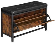 Cipőpad, cipőtároló párnázott üléssel, rusztikus barna és fekete