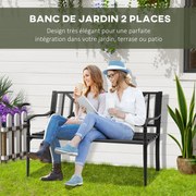 Outsunny Kétfős Kerti Pad Kültéri Terasz Magas Háttámlás Rácsos Ülés Kényelmes Karfa Acél 128 x 62,5 x 81,5 cm Fekete | Aosom