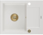 Mexen Enzo1-medencés gránit mosogató edényszárítóval 576 x 465 mm, Fehér, szifon Arany - 6506571005-20-G