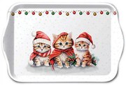 Karácsonyi műanyag kis tálca 13x21 cm Három mikulássapkás cicával