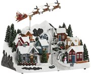 Karácsonyi falu zenélő világító életkép télapó szánnal 38X26,5X29 cm