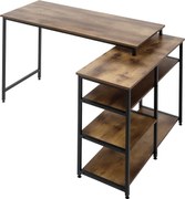 HOMCOM Sarokasztal L-alakú Íróasztal Számítógépasztal Irodai Asztal Polc Fiókkal L-alakú Forgácslap Fém Rusztikus Barna 135 x 90 x 79 cm | Aosom