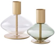 Gyertyatartó, üveg/fém, átlátszó/zöld 2 db