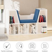 HOMCOM 2 az 1-ben Könyvespolc Pad, Modern Dizájn, 6 Rekesz, 3 Párna, 102L x 30W x 61H cm, Fehér-Kék | Aosom