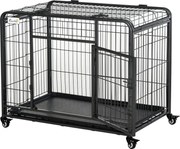 PawHut Összecsukható Kutya Ketrec Szállító Ketrec Kerekeken 2 Zárható Ajtóval és Kivehető Tálcával 94L x 58W x 69.5H cm Fém Szürke Fekete | Aosom