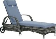 Outsunny Rattan Napozóágy 5-Fokozatú Állítható Támlával, Párnával, Kerekekkel, 160 kg Terhelhetőségű Fekvőszék Kertbe, 200x73x30-103cm, Szürke | Aosom