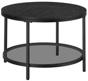 Dohányzóasztal, műmárvány asztallap, edzett üveg polc, márvány fekete, fekete, 65cm