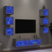 8 darab betonszürke szerelt fa fali TV-bútor LED-del